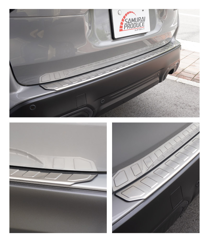 新型フォレスター SL系 リアバンパーステップガード 1P 車体保護ゴム付き 選べる3カラー シルバーヘアライン ブラックヘアライン カーボン調｜SUBARU スバル FORESTER 専用 リア 外装 保護 パーツ ドレスアップ アクセサリー オプション 社外 バックドア バンパー トランク 荷室 傷防止