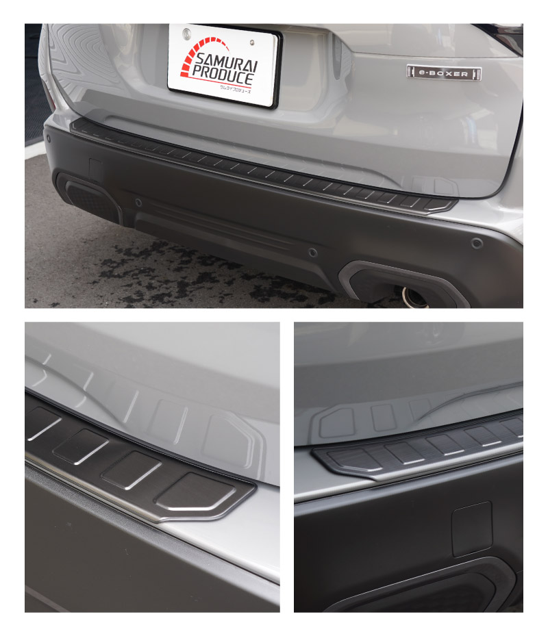 新型フォレスター SL系 リアバンパーステップガード 1P 車体保護ゴム付き 選べる3カラー シルバーヘアライン ブラックヘアライン カーボン調｜SUBARU スバル FORESTER 専用 リア 外装 保護 パーツ ドレスアップ アクセサリー オプション 社外 バックドア バンパー トランク 荷室 傷防止