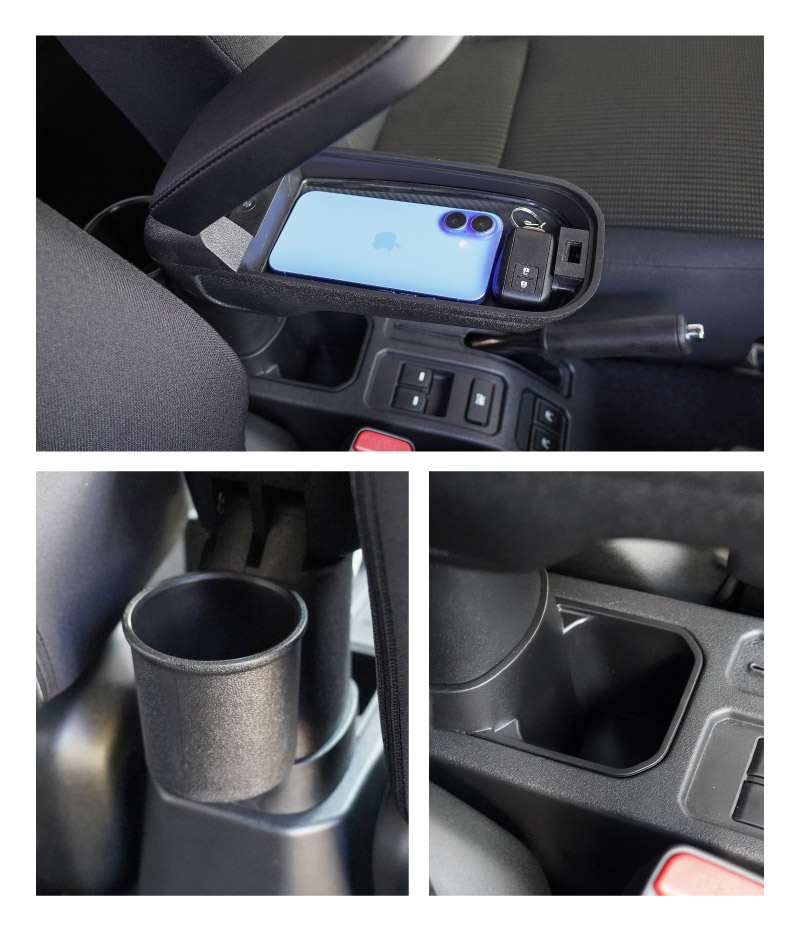 新型ジムニー JB64W 新型ジムニーシエラ JB74W ジムニーノマド JC74W フロントアームレスト 1P ブラック｜スズキ SUZUKI JIMNY JB64 JIMNY SIERRA JB74 1型 2型 3型 4型 5型 JIMNY NOMADE JC74 1型 専用 パーツ 肘置き付き コンソールボックス 収納 小物入れ 内装 カスタム アクセサリー 便利グッズ オプション 保護 傷防止 車内 ドレスアップ 社外