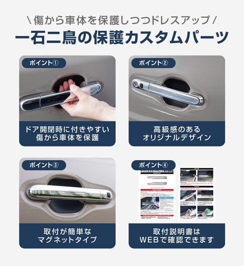 新型クロスビー MND1S マグネット装着タイプ ドアハンドルプロテクター 4P カーボン柄 選べる2色 ホワイト ブラック ｜スズキ SUZUKI XBEE 専用 カバー 保護 傷防止 キズ隠し 社外【メール便対象/代引き・配達日時指定不可】