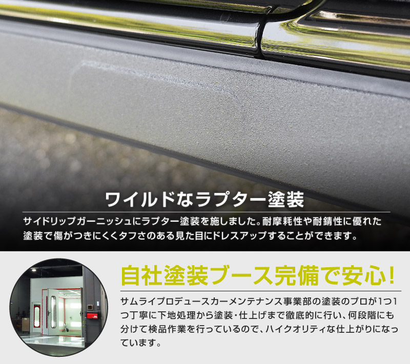 ジムニーノマド JC74W サイドリップガーニッシュ 4P ラプター塗装 ブラック｜スズキ SUZUKI JIMNY JC74 NOMADE 専用 カスタム 外装 サイド ドア パーツ ドレスアップ オプション アクセサリー 社外