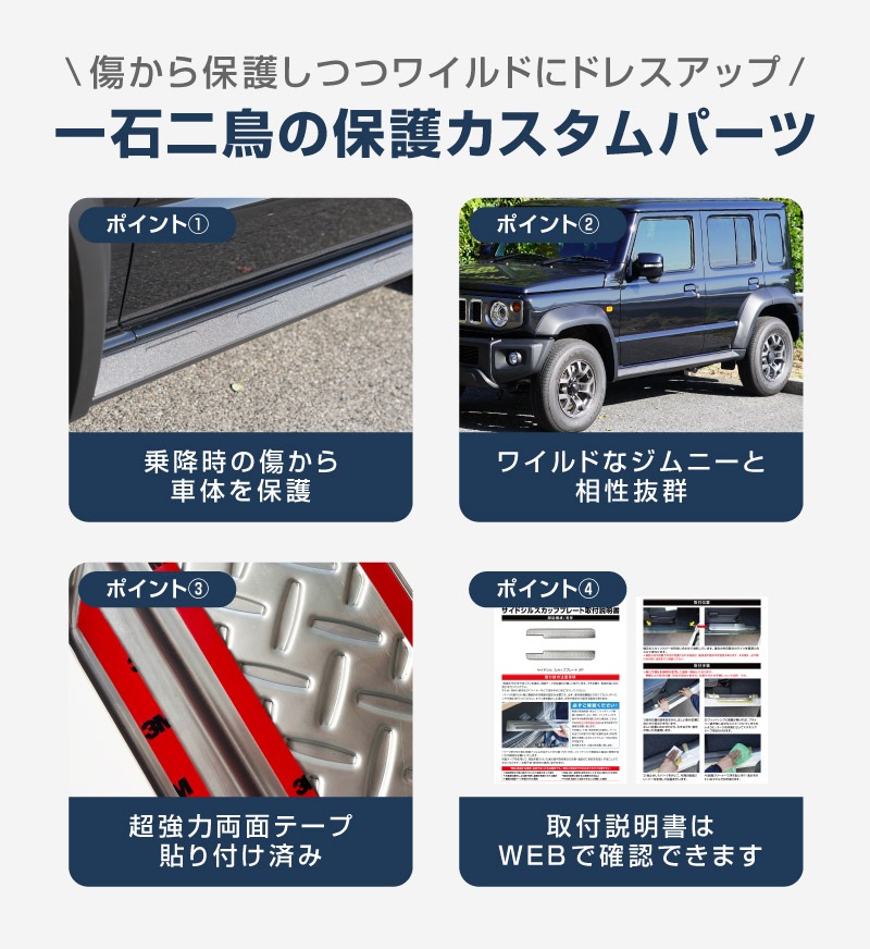 ジムニーノマド JC74W サイドリップガーニッシュ 4P ラプター塗装 ブラック｜スズキ SUZUKI JIMNY JC74 NOMADE 専用 カスタム 外装 サイド ドア パーツ ドレスアップ オプション アクセサリー 社外