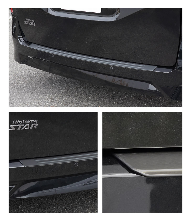 新型セレナ C28 リアバンパーステップガード 1P 車体保護ゴム付き 選べる2カラー シルバーヘアライン ブラックヘアライン 2026年マイナーチェンジ後対応｜ニッサン NISSAN SERENA C28型 専用 外装 保護 パーツ ドレスアップ アクセサリー 社外品【予約販売/ブラック:5月20日頃、シルバー:5月30日頃入荷予定】