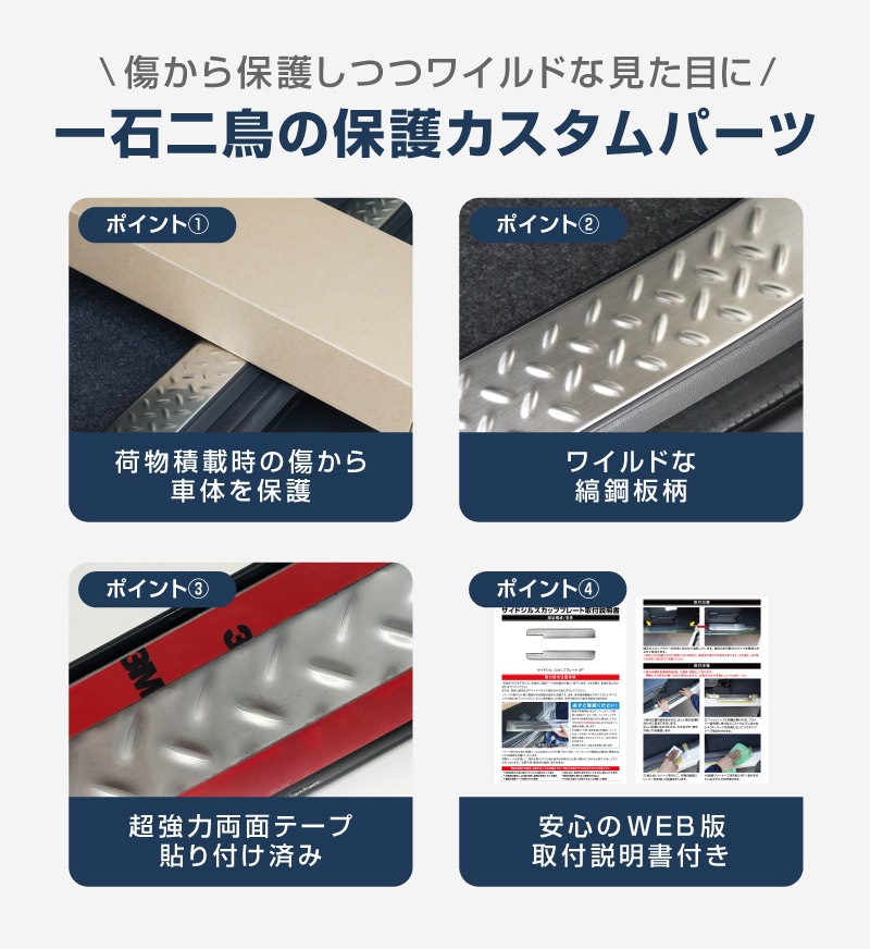 ジムニーノマド JC74W ラゲッジスカッフプレート 縞鋼板柄 1P 車体保護ゴム付き 選べる3カラー シルバーヘアライン ブラックヘアライン カーボン調 ｜スズキ SUZUKI JIMNY JC74 NOMADE 専用 保護パーツ ドレスアップ オプション アクセサリー 社外 荷室 ラゲージ バックドア 傷防止