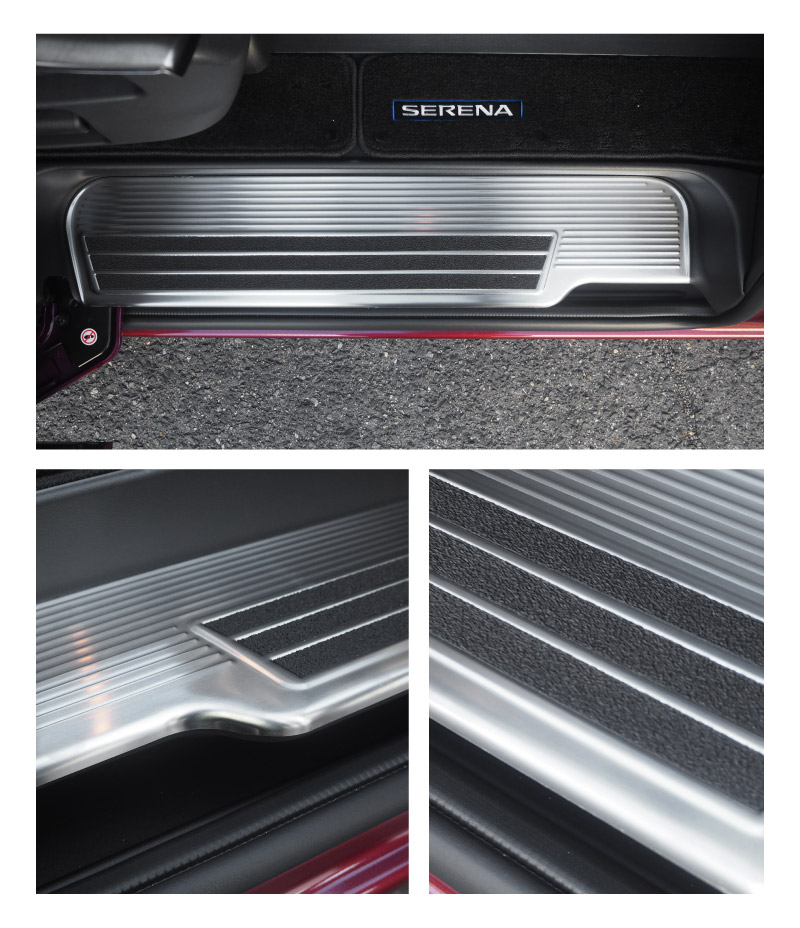 新型セレナ C27 C28 e-POWER専用 サイドステップ スカッフプレート 5P 選べる2カラー シルバーヘアライン ブラックヘアライン 2026年マイナーチェンジ後対応｜ニッサン NISSAN SERENA 専用 パーツ カスタム ドレスアップ アクセサリー 社外品 内装 マイナーチェンジ【予約販売/ブラック:5月20日頃入荷予定】