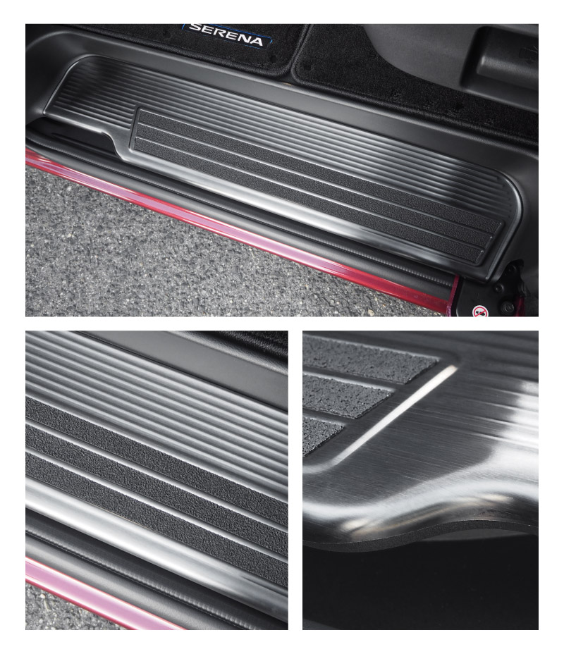 新型セレナ C27 C28 e-POWER専用 サイドステップ スカッフプレート 5P 選べる2カラー シルバーヘアライン ブラックヘアライン 2026年マイナーチェンジ後対応｜ニッサン NISSAN SERENA 専用 パーツ カスタム ドレスアップ アクセサリー 社外品 内装 マイナーチェンジ【予約販売/ブラック:5月20日頃入荷予定】