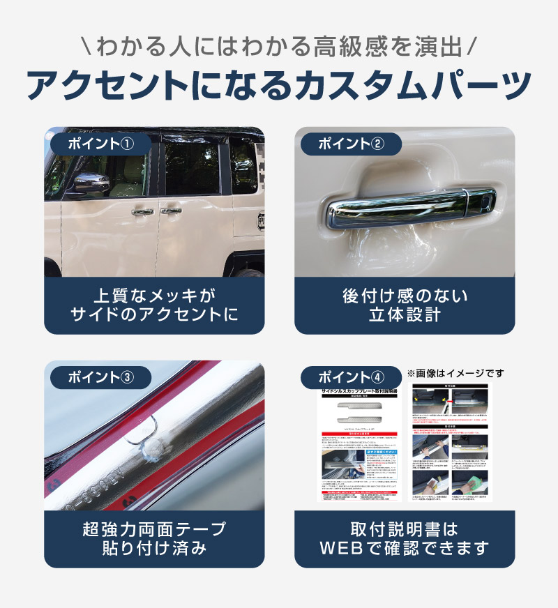 【アウトレット品】三菱 デリカミニ/ekスペース 日産 ルークス 共通 アウタードアハンドルカバー ガーニッシュ 8P メッキ仕上げ 2025年フルモデルチェンジ後対応｜MITSUBISHI DELICA MINI NISSAN ROOX 専用 外装 サイド カスタム パーツ