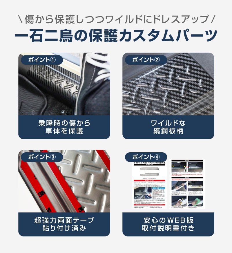 ジムニーノマド JC74W サイドステップ スカッフプレート 縞鋼板柄 左右セット 4P カーボン調 ｜スズキ SUZUKI JIMNY JC74 NOMADE 専用 保護パーツ ドレスアップ オプション アクセサリー 社外 カーパーツ 傷防止 サイドシル【予約販売/5月30日頃入荷予定】