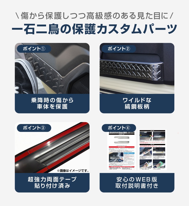 ジムニーノマド JC74W インナードアプロテクションカバー 縞鋼板柄 左右セット 4P ブラックヘアライン｜スズキ SUZUKI JIMNY JC74 NOMADE 専用 保護パーツ ドレスアップ オプション アクセサリー 社外 カーパーツ 傷防止 サイドシル