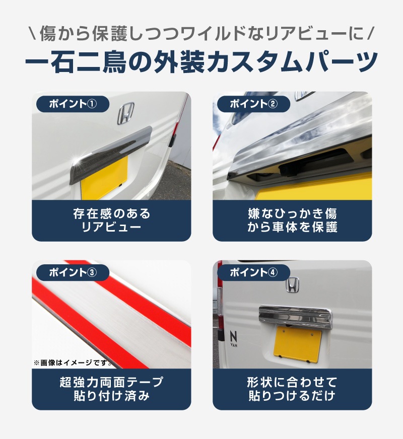 N-VAN リアライセンスガーニッシュ 1P｜ホンダ HONDA エヌバン 鏡面仕上げ カスタム 専用 パーツ ドレスアップ アクセサリー 社外品 エアロ オプション