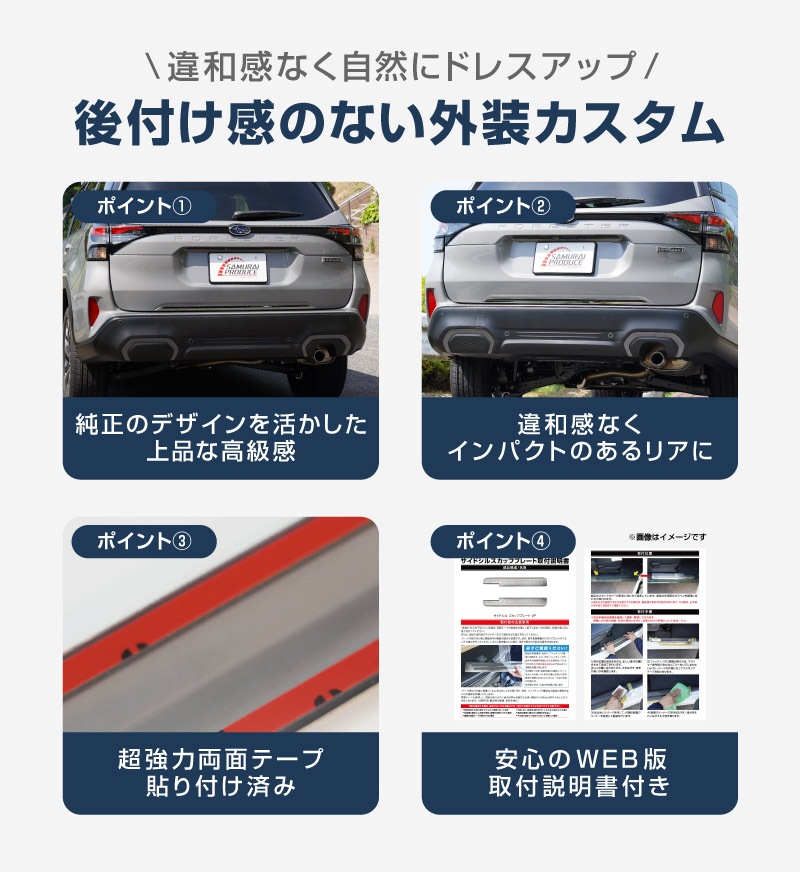 新型フォレスター SL系 リアエンドガーニッシュ 1P 選べる2カラー 鏡面仕上げ ブラック鏡面仕上げ｜SUBARU スバル FORESTER 専用 カスタム パーツ ドレスアップ アクセサリー オプション リアゲート バックドア バンパー 外装 保護 カー用品 社外