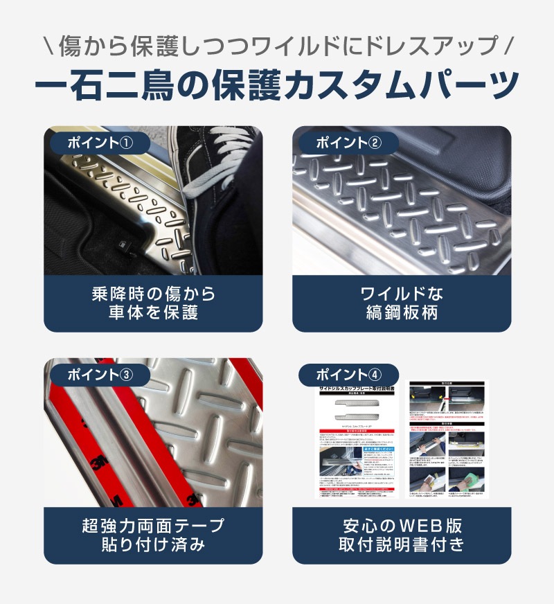 【8/16～SALE対象 10%OFF】【アウトレット品】ジムニーノマド JC74W サイドステップ スカッフプレート 縞鋼板柄 左右セット 4P シルバーヘアライン ｜スズキ SUZUKI JIMNY JC74 NOMADE 専用 保護パーツ ドレスアップ オプション アクセサリー 社外 カーパーツ 傷防止 サイドシル