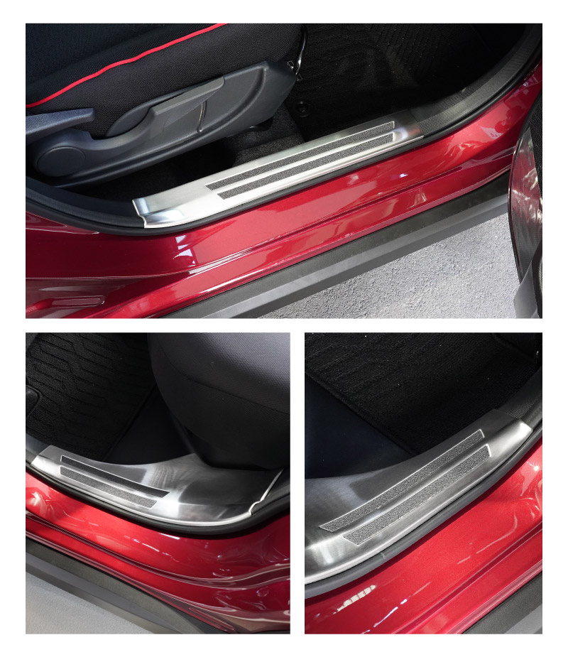 ライズ ロッキー レックス ハイブリッド車専用 サイトステップ内側 スカッフプレート フロント・リアセット 4P 滑り止め付き 選べる 2カラー シルバー/ブラック｜トヨタ TOYOTA RAIZE ダイハツ DAIHATSU ROCKY スバル SUBARU REX 専用【予約販売/ブラック:5月30日頃入荷予定】