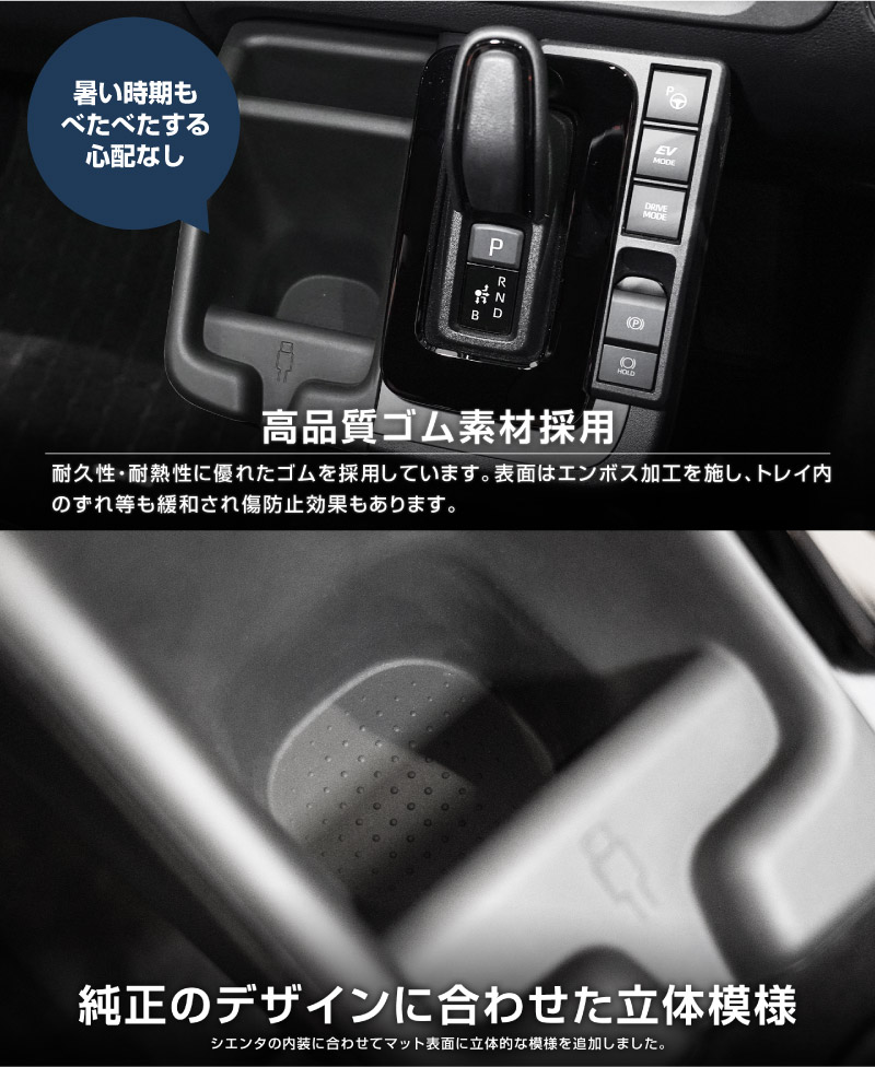 新型シエンタ 10系 シフトサイドポケットトレイ ゴムトレイ 1P ブラック 2025年マイナーチェンジ後専用｜トヨタ TOYOTA SIENTA 10 MXP系 MXPL10G MXPC10G MXPL15G 専用 内装 収納 インテリア カスタム パーツ ドレスアップ アクセサリー トレイ マット 社外品【予約販売/7月30日頃入荷予定】