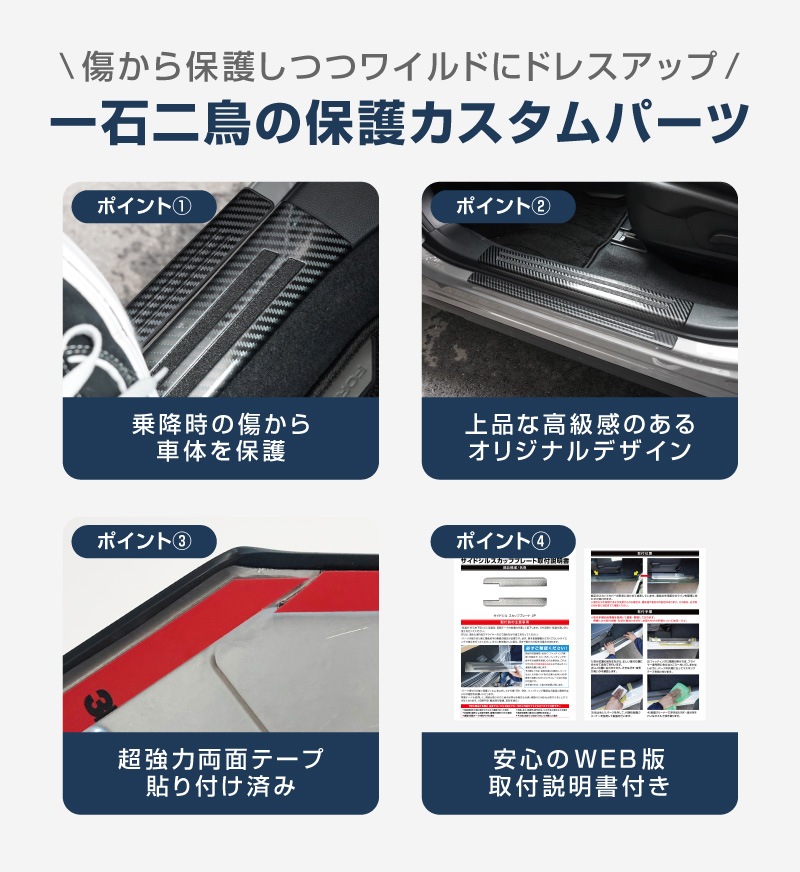 【セット割】新型フォレスター SL系 サイドステップ 内側＆外側 スカッフプレート 6P 保護パーツ2点セット カーボン調｜SUBARU スバル FORESTER 専用 内装 保護 カスタム パーツ ドレスアップ アクセサリー オプション 社外 足元 サイドシル