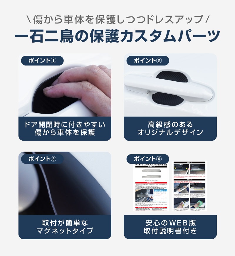 三菱自動車 汎用設計 マグネット装着タイプ ドアハンドルプロテクター セット 4P カーボン柄 選べる2カラー ブラック ホワイト ｜MITSUBISHI 三菱 デリカD:5 デリカミニ ekスペース ekクロススペース 引っかき傷防止 傷隠し 保護 カスタム パーツ ドレスアップ アクセサリー 社外品【メール便対象/代引き・配達日時指定不可】