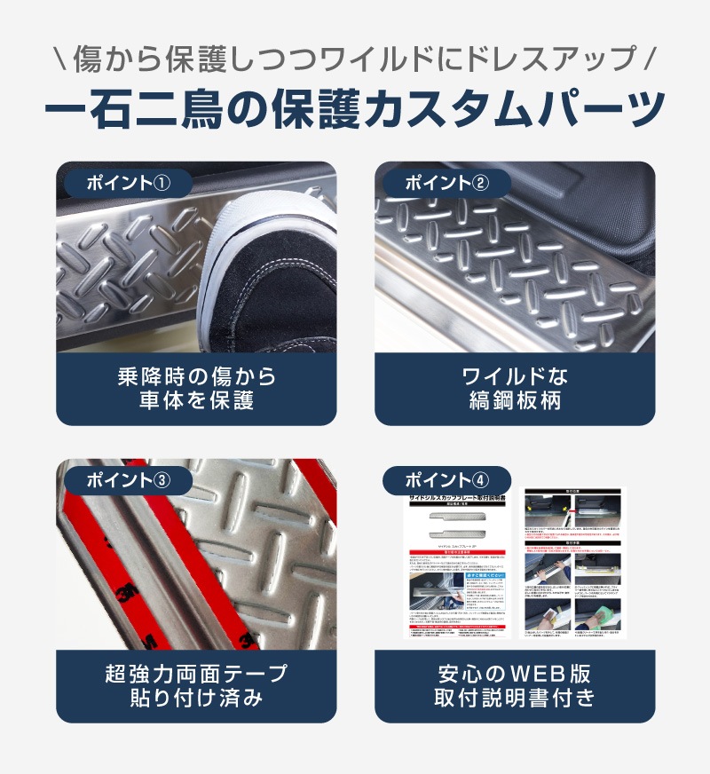 【セット割】ジムニーノマド JC74W サイドステップ スカッフプレート ＆ インナードアプロテクションカバー 縞鋼板柄 左右セット 8P 保護パーツ2点セット シルバーヘアライン ｜スズキ SUZUKI JIMNY JC74 NOMADE 専用 保護パーツ ドレスアップ オプション アクセサリー 社外 カーパーツ 傷防止 サイドシル【予約販売/5月20日頃入荷予定】