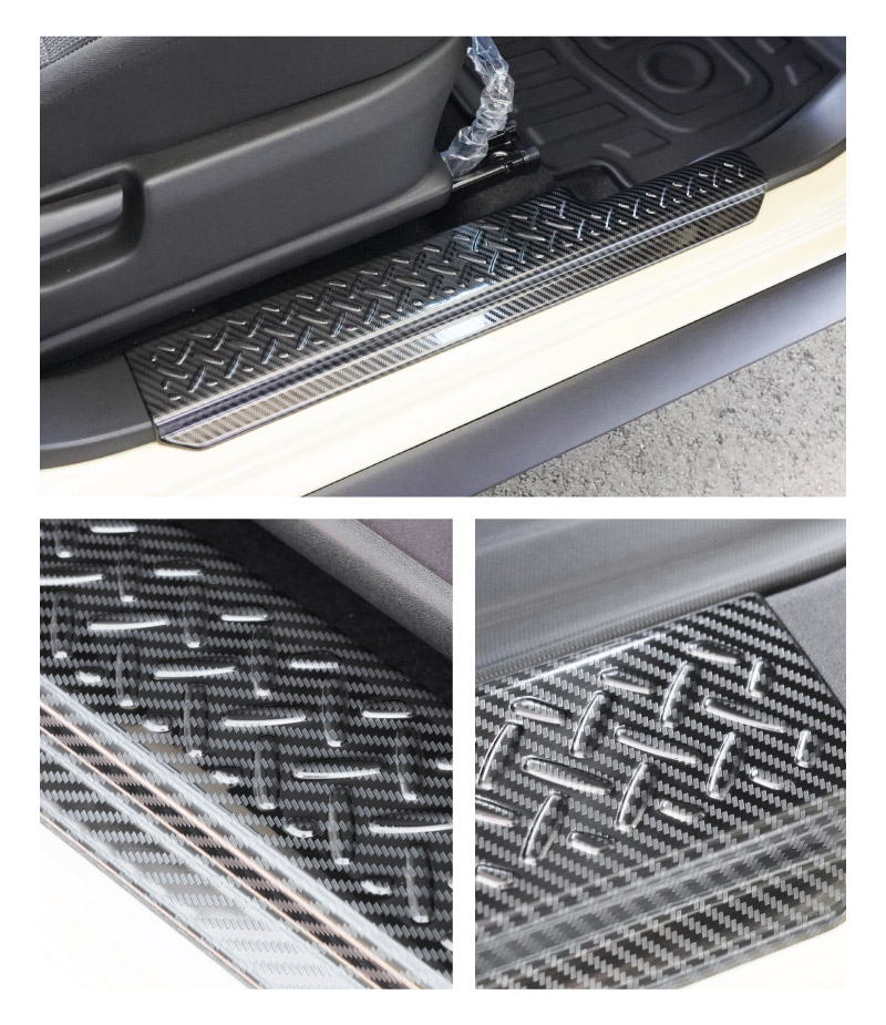 【セット割】ジムニーノマド JC74W サイドステップ スカッフプレート ＆ インナードアプロテクションカバー 縞鋼板柄 左右セット 8P 保護パーツ2点セット カーボン調｜スズキ SUZUKI JIMNY JC74 NOMADE 専用 保護パーツ ドレスアップ オプション アクセサリー 社外 カーパーツ 傷防止 サイドシル【予約販売/5月30日頃入荷予定】