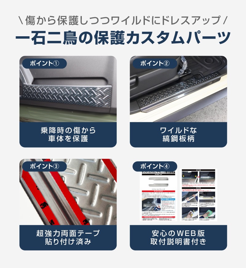 【セット割】ジムニーノマド JC74W サイドステップ スカッフプレート ＆ インナードアプロテクションカバー 縞鋼板柄 左右セット 8P 保護パーツ2点セット カーボン調｜スズキ SUZUKI JIMNY JC74 NOMADE 専用 保護パーツ ドレスアップ オプション アクセサリー 社外 カーパーツ 傷防止 サイドシル【予約販売/5月30日頃入荷予定】