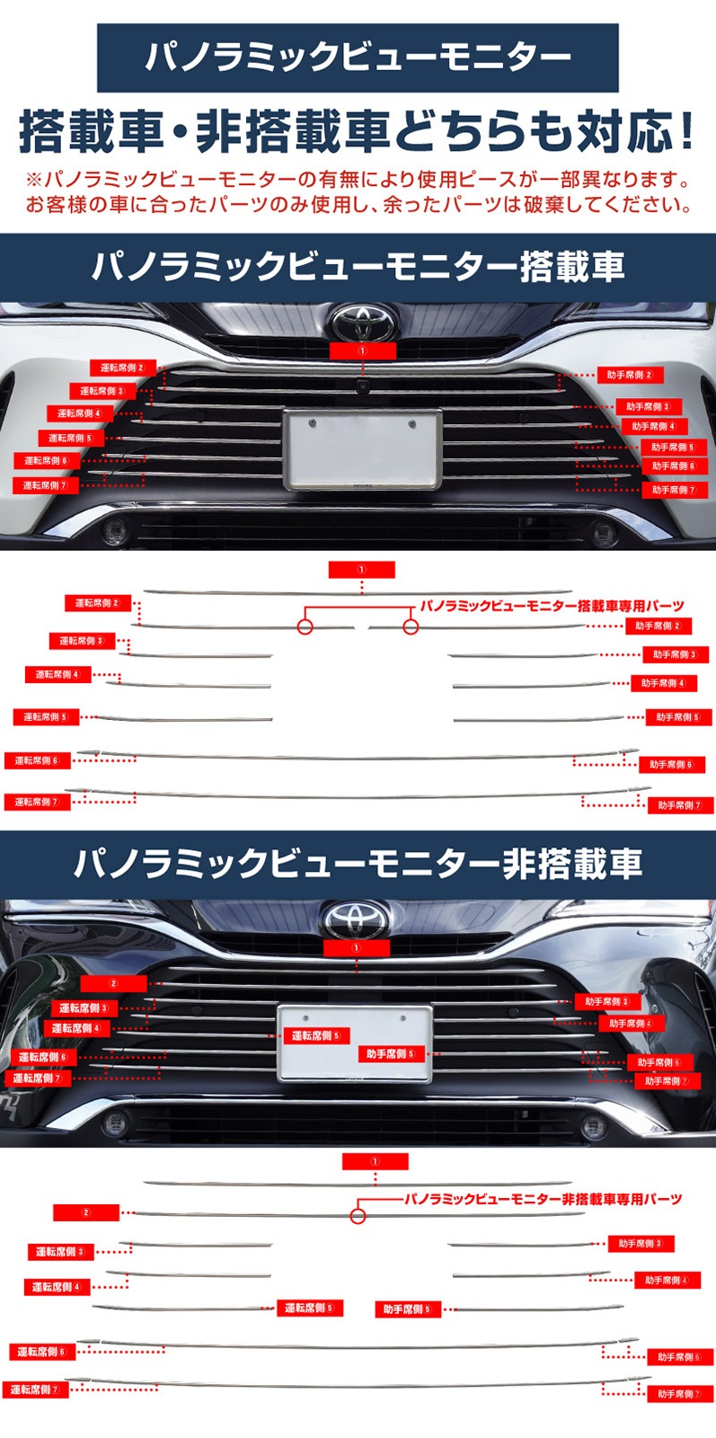 新型ハリアー 80系 フロントグリルガーニッシュ 鏡面仕上げ 16P