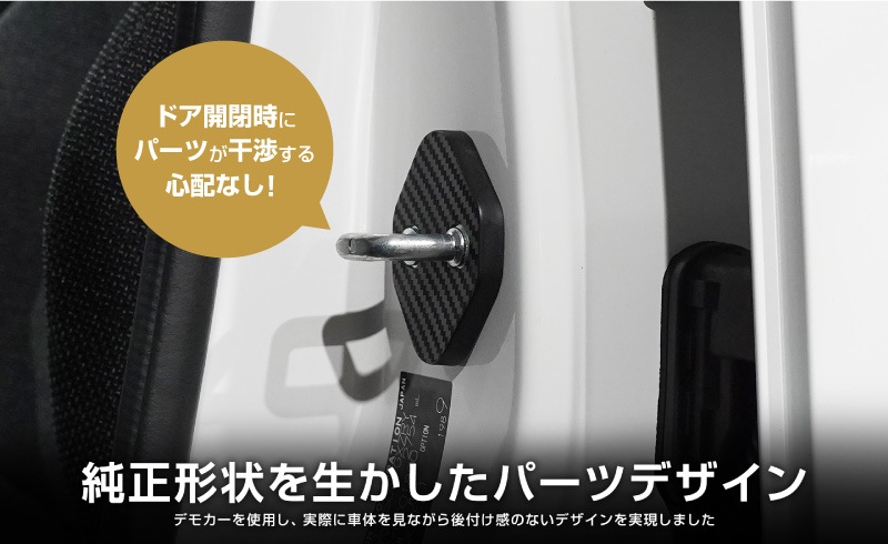 新型ランドクルーザー ランクル250 ランクル70 ランクルFJ 共通 ドアストライカーカバー 4P カーボン柄｜トヨタ ランクル TOYOTA LANDCRUISER 250系 70系 FJ 専用 内装 カスタム 保護パーツ ドアストッパーカバー ストライカーカバー ドレスアップ アクセサリー 社外品 オプション【メール便対象/代引き・配達日時指定不可】