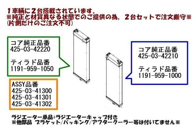 コマツ　ホイールローダー　ラジエーター　WA500-7　425-03-41300 / 425-03-41301 / 425-03-41302【1車輌に2台搭載 / 2台セット価格】社外新品/強化品   新キャップサービス