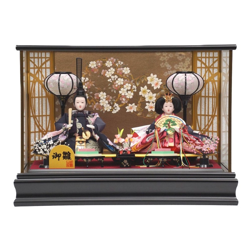 雛人形】小芥子 パールピンク塗 六角形 親王揃いガラスケース飾り〈河