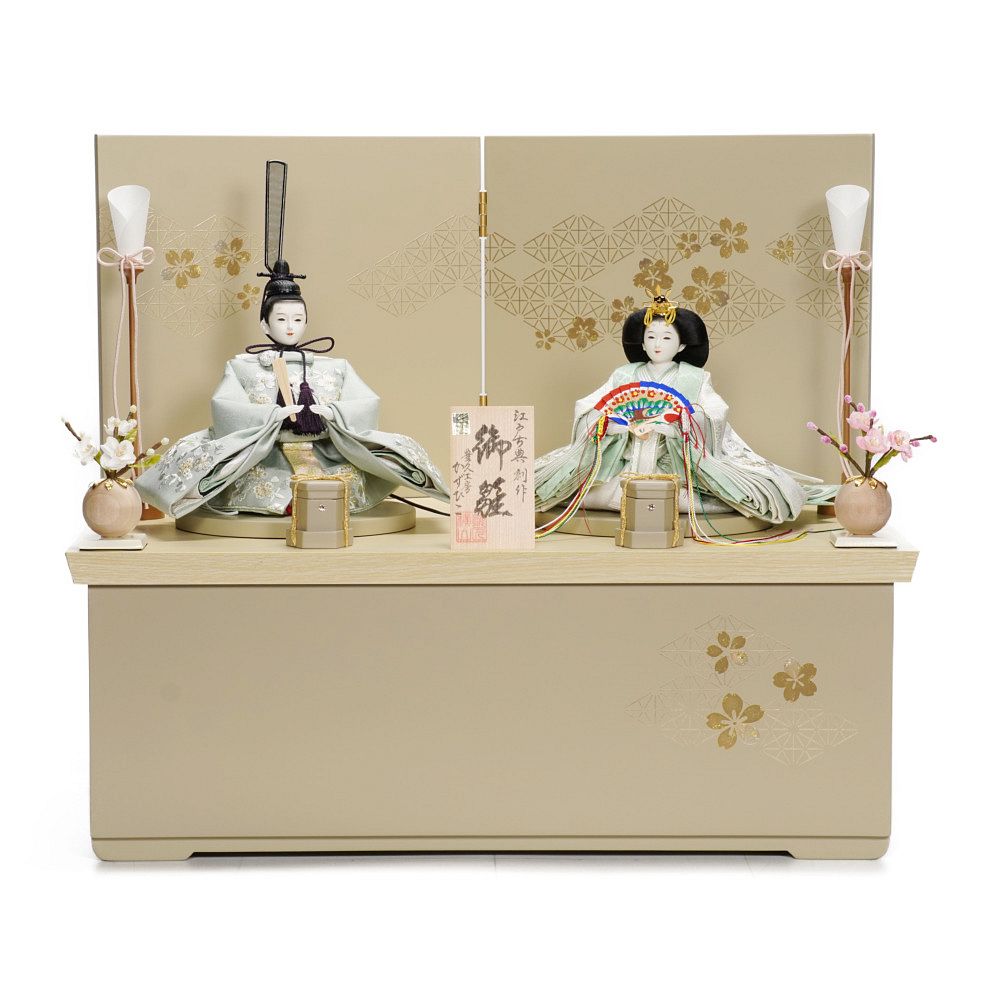 【雛人形】芥子 そら 刺繍(パステルグリーン) 桜 親王揃い収納飾り〈横山一彦作〉[243-084]