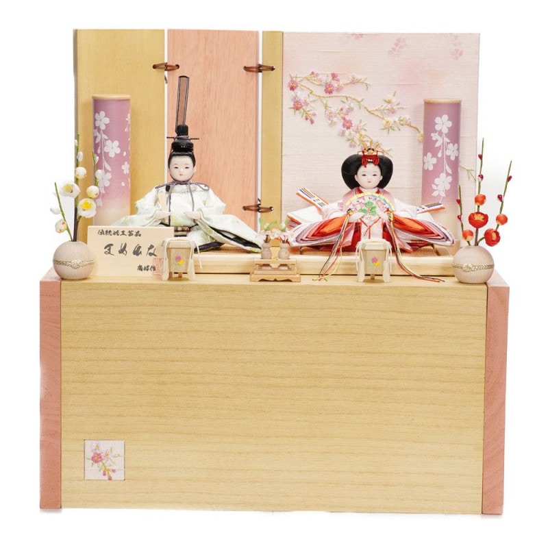 雛人形】まめ(大) 金襴花柄(緑・ピンク)×金襴花柄(薄緑・ピンク) 双子