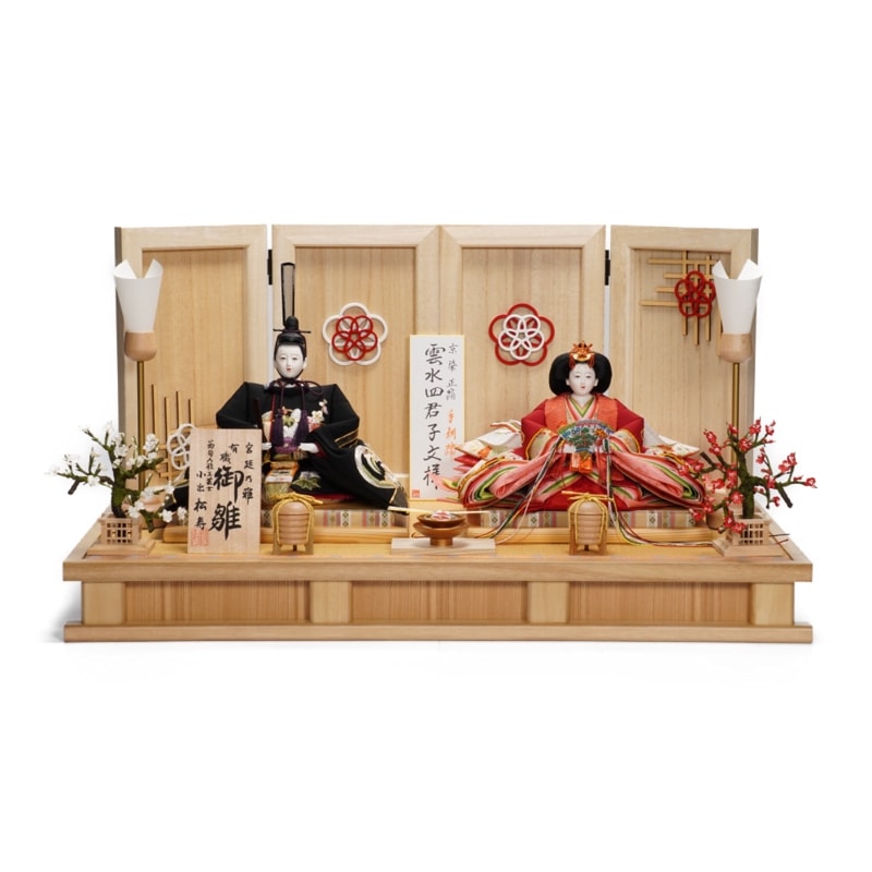 木目込み雛人形】神雛 正絹(朱) 立雛 親王揃いガラスケース飾り | 木村