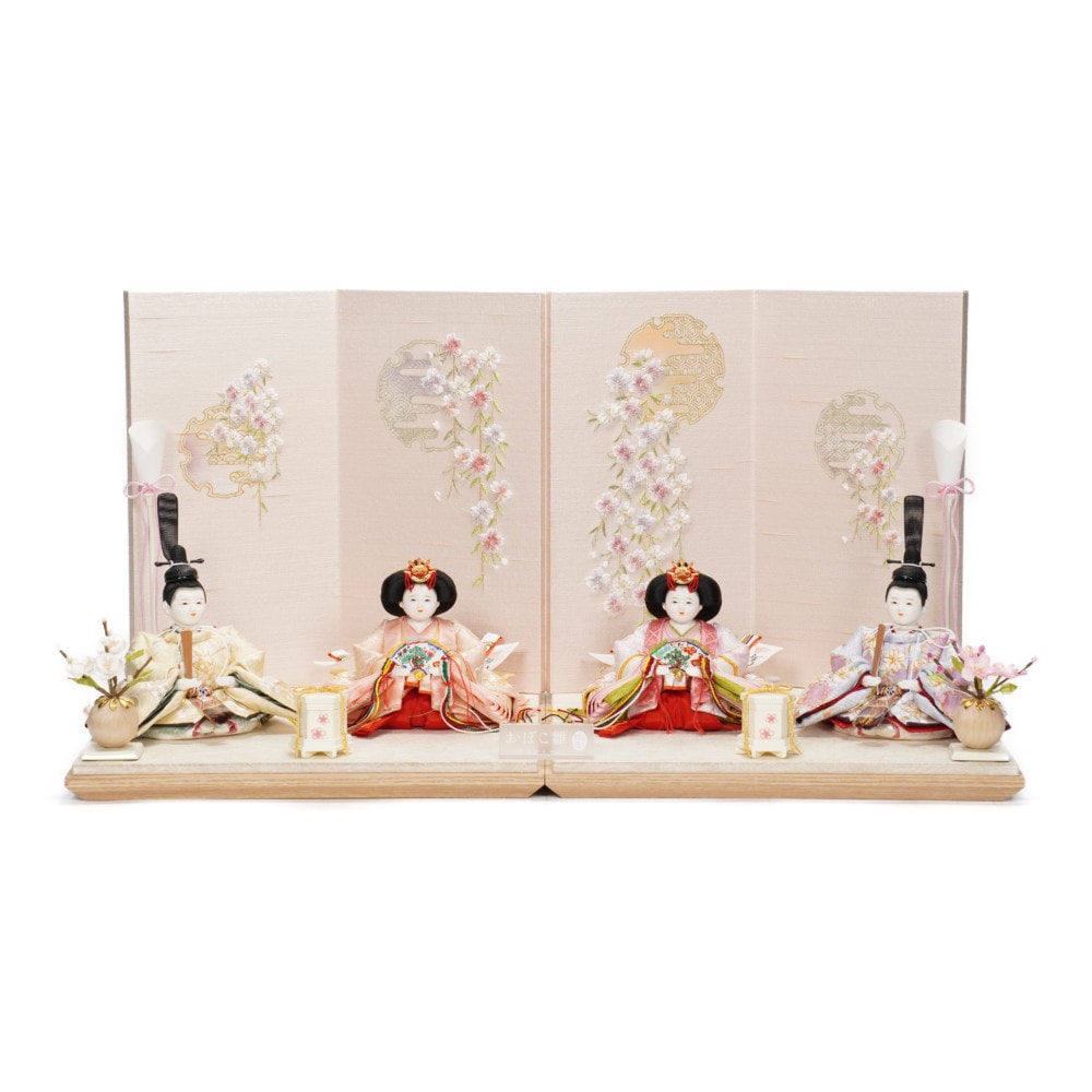 【雛人形】三寸 おぼこ雛 京刺繍(唐花)×京刺繍(雪輪に桜) 双子飾り〈小出松寿作〉[243-122]