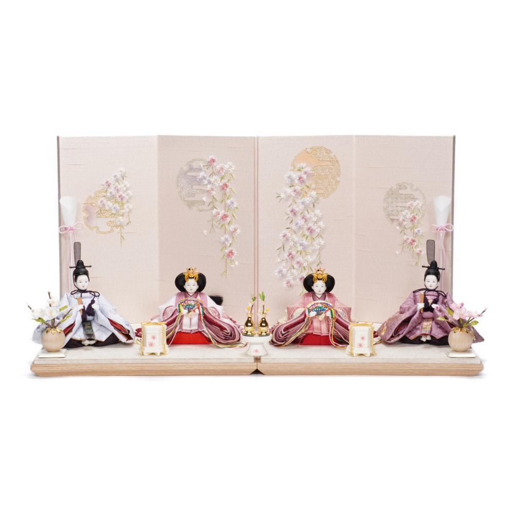 【雛人形】「葵」 かすみ桜刺繍(水色)×麻の葉に刺繍桜(紫) 双子飾り〈柴田家千代作〉[243-127]