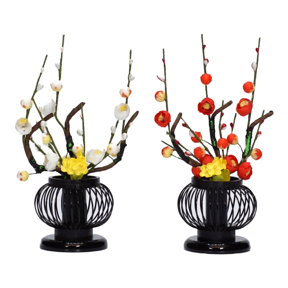 【御花】紅白梅 黒塗 竹かご 春梅2号C