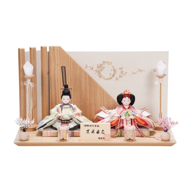 雛人形】まめ(大) 金襴(薄緑・ピンク) 花柄 親王揃い収納飾り | 尚好作