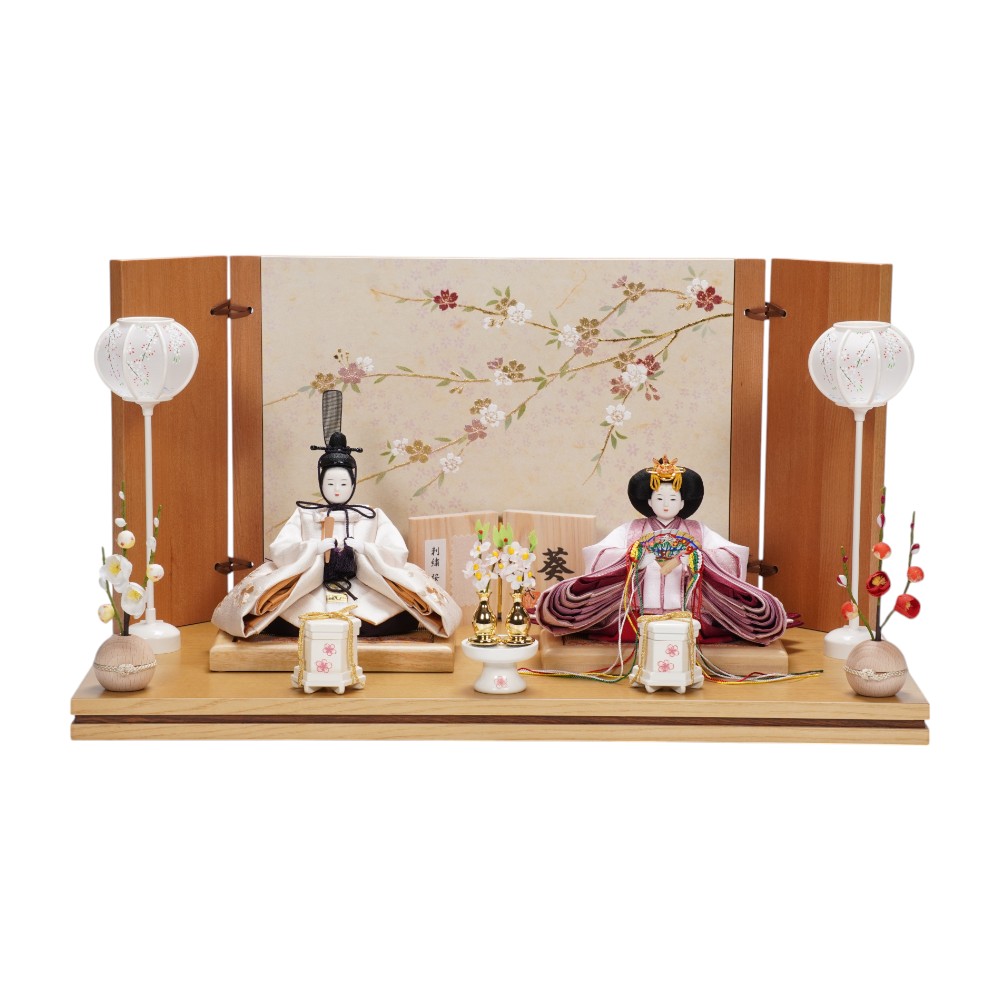 【雛人形】「葵」 桜ちらし刺繍(白・ピンク) 親王飾り〈柴田家千代作〉[253-092]