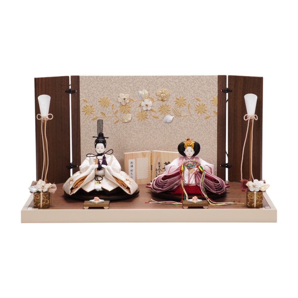 【雛人形】「葵」 桜ちらし刺繍(白・ピンク) 親王飾り〈柴田家千代作〉[253-096]