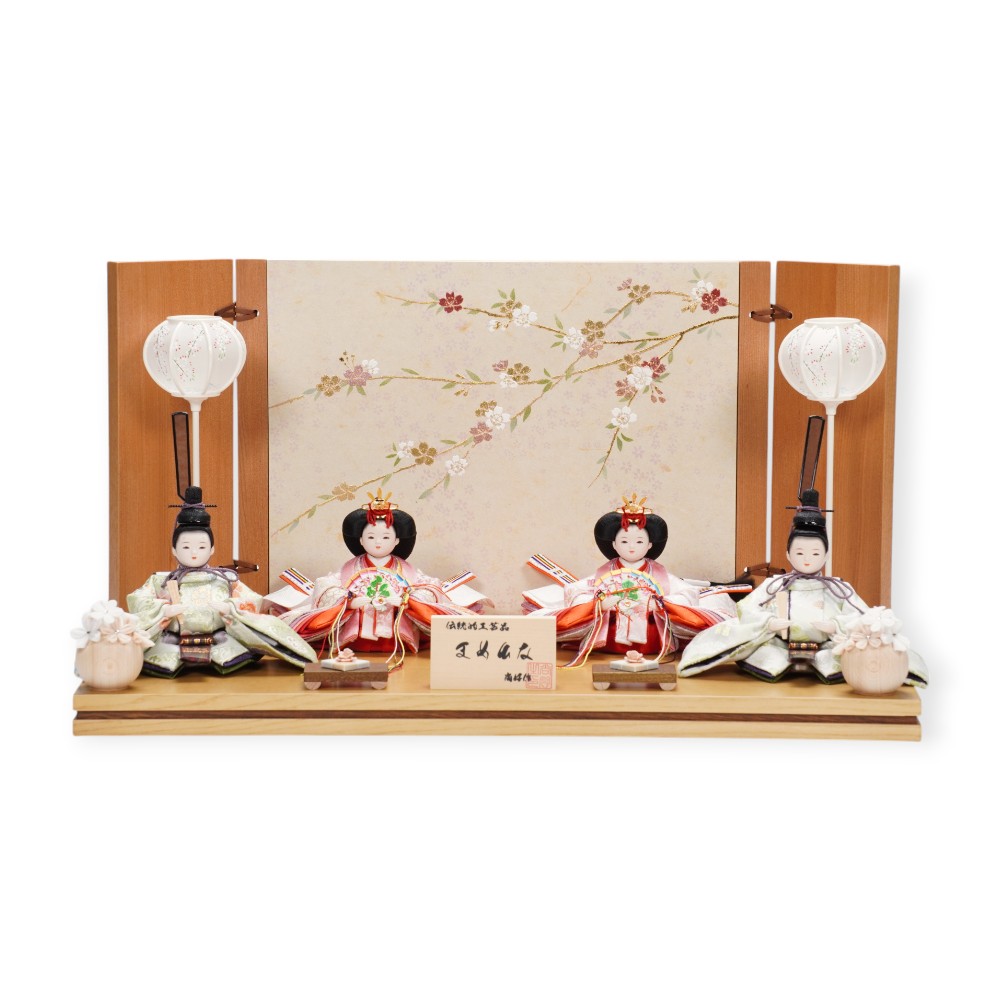 【雛人形】まめ(大) 金襴花柄(緑・ピンク)×金襴花柄(薄緑・ピンク) 双子飾り〈尚好作〉[253-122]