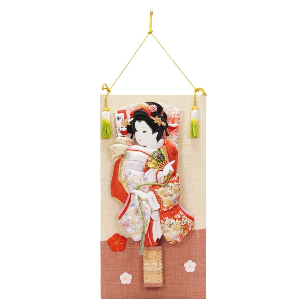 【羽子板】13号 刺繍桜(ピンク)×金彩梅(赤) 壁掛け〈匠一好作〉[262-018]