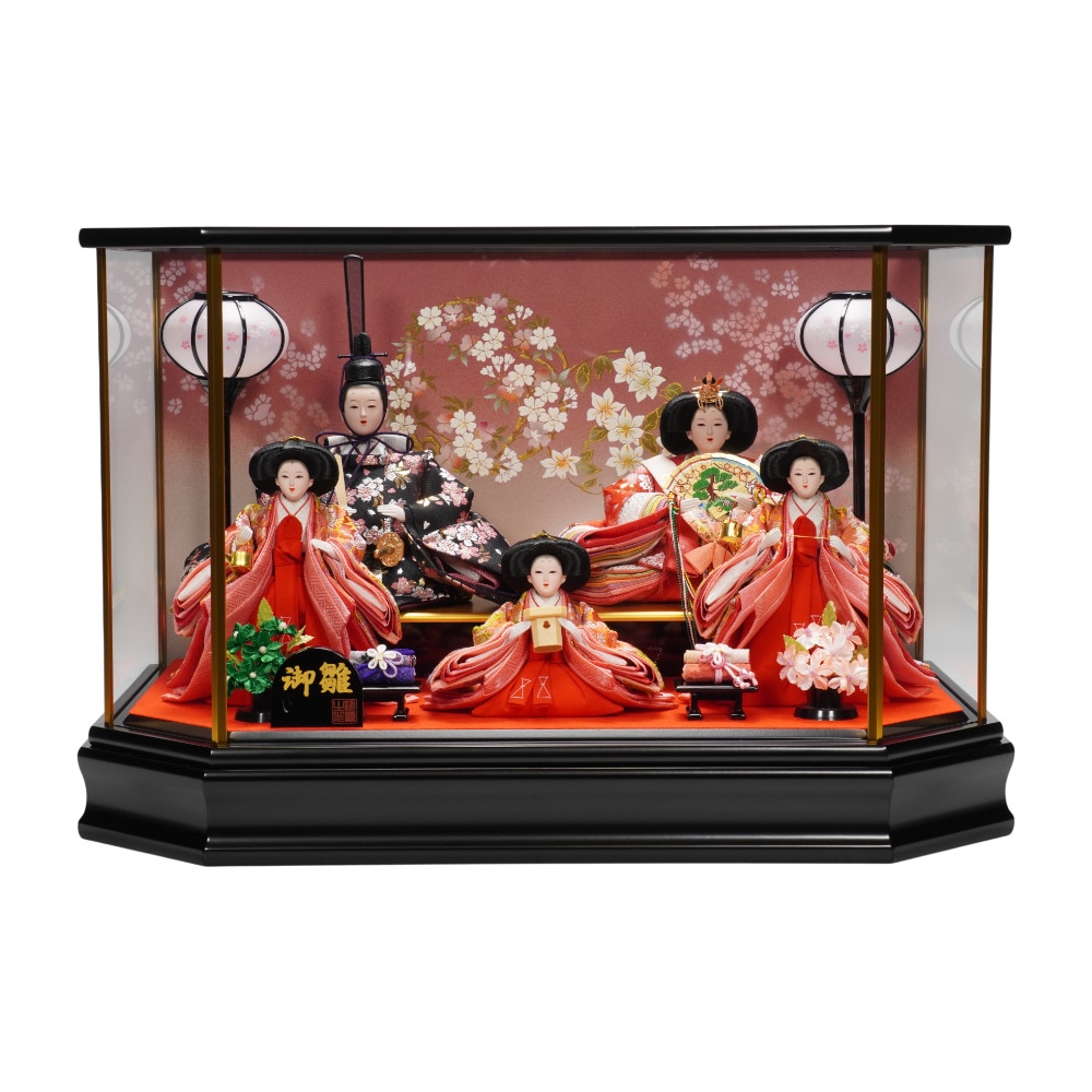 雛人形】三五 金襴 桜柄(黒・赤) 五人揃いガラスケース飾り〈河雲作