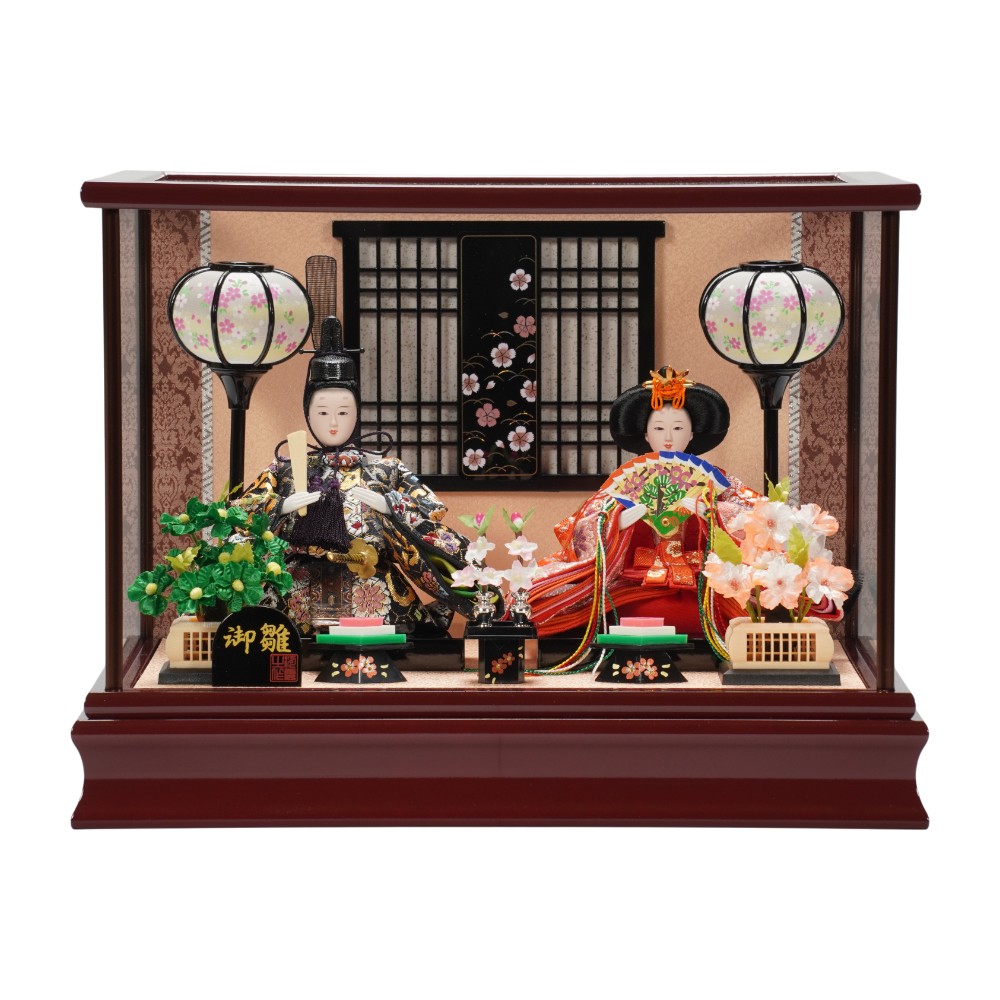 雛人形】小芥子 金襴(黒・赤) 溜塗 親王揃いガラスケース飾り〈河雲作