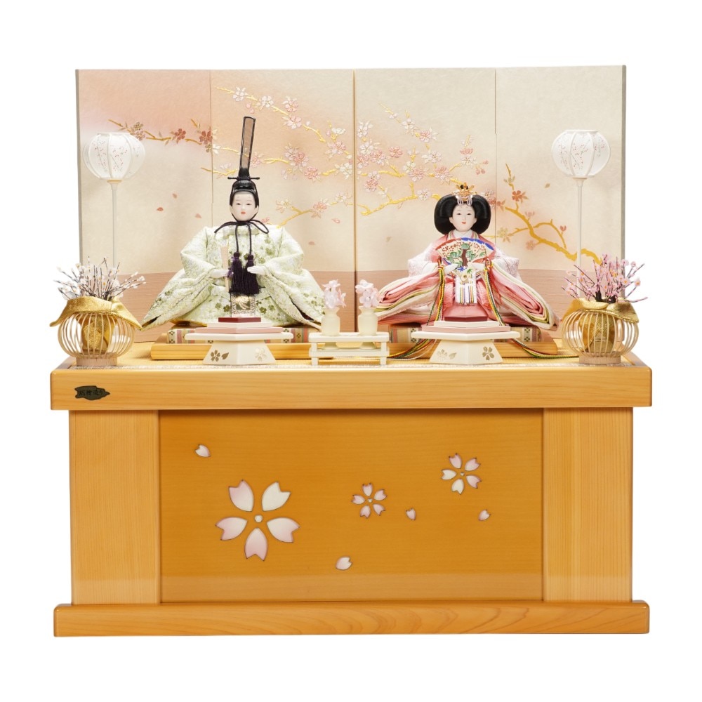 【雛人形】京三五 小桜刺繍(緑・ピンク) 親王揃い収納飾り〈尾張屋寿翁作〉[263-034]