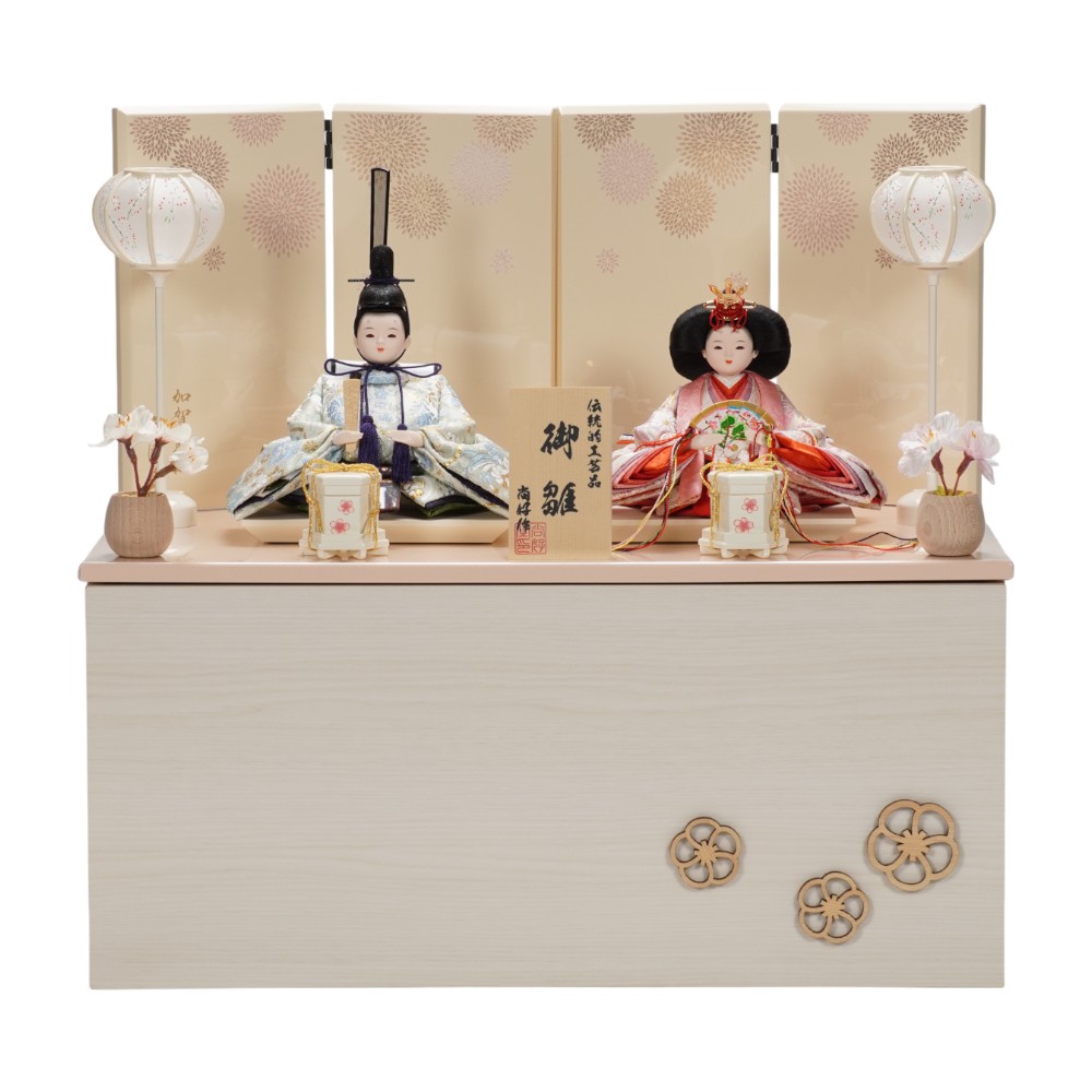 【雛人形】柳(小) 金襴 ねじれ梅(水色・ピンク) 親王揃い収納飾り〈尚好作〉[263-042]