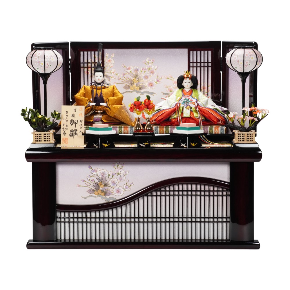 【雛人形】京十番 黄櫨染 桐竹鳳凰文様 令和即位の礼(正絹) 親王飾り〈小出松寿作〉[263-056]