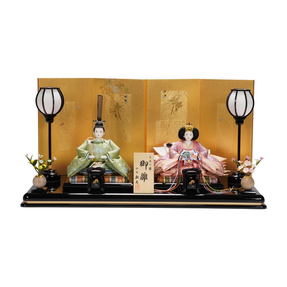 【雛人形】京十二番 高雄 牡丹唐草文様(柳色・薄紅梅) 親王飾り〈小出松寿作〉[263-094]