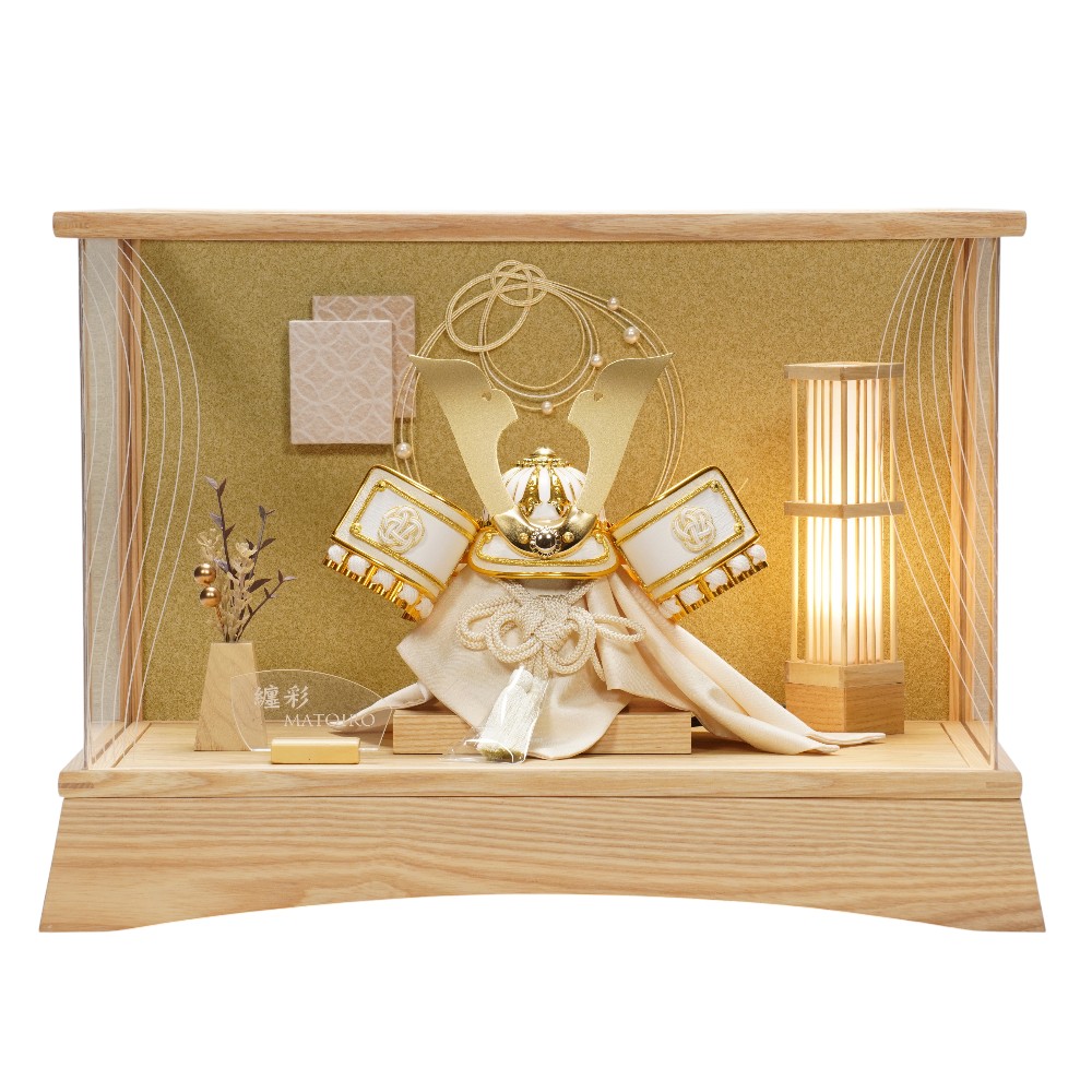 【五月人形】8号 和紙×水引 ナチュラル 白金中鍬 兜アクリルケース飾り | 清宝作