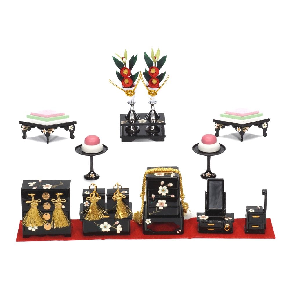 三五 研ぎ出し曙塗 五人揃い三段収納飾り〈雛聖作〉[233-003]