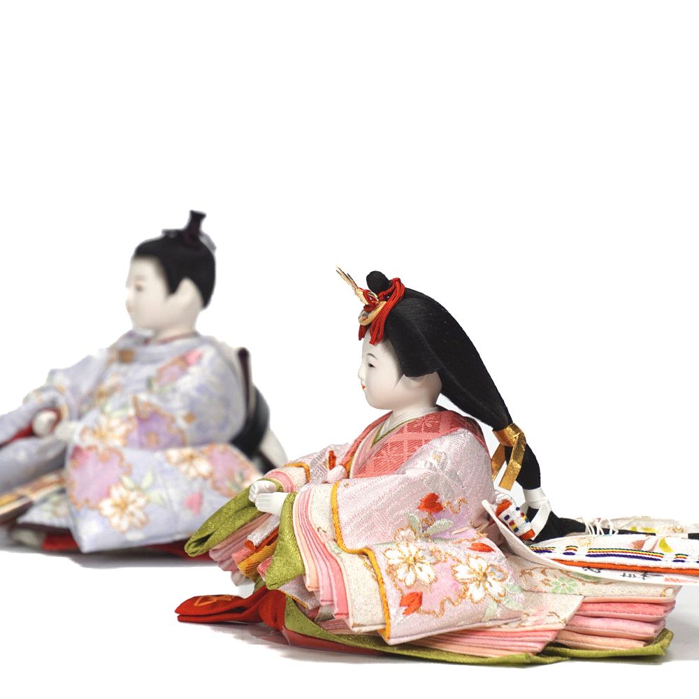 雛人形】三寸 おぼこ雛 京刺繍(唐花)×京刺繍(雪輪に桜) 双子飾り