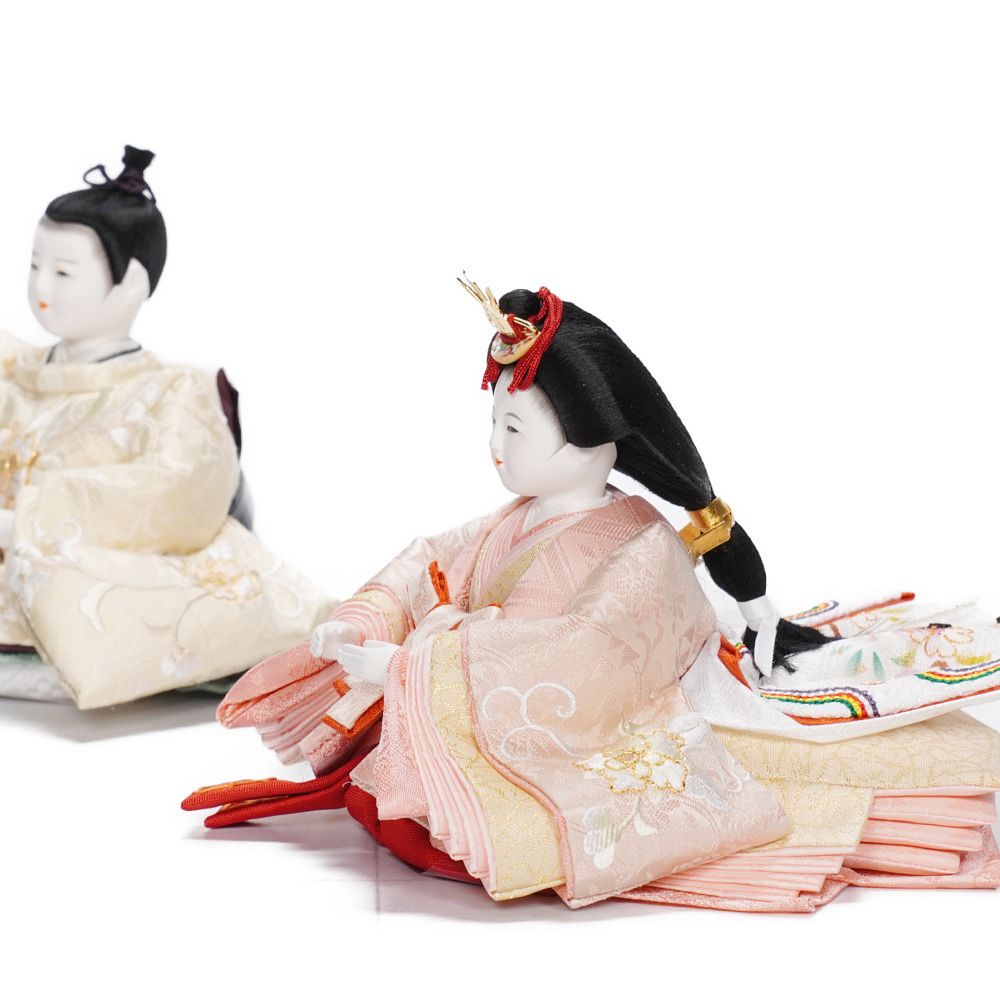 雛人形】三寸 おぼこ雛 京刺繍(唐花)×京刺繍(雪輪に桜) 双子飾り