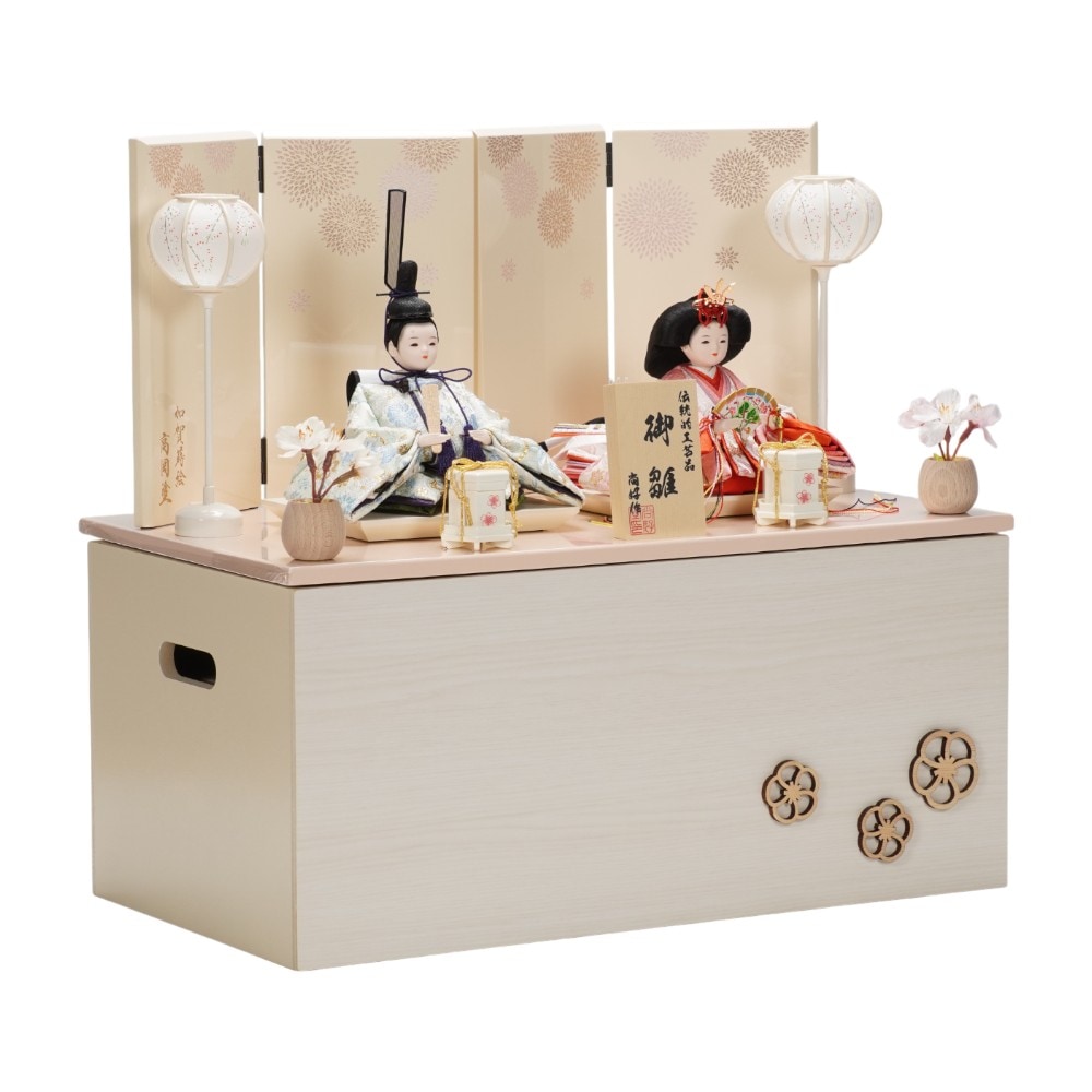 【雛人形】柳(小) 金襴 ねじれ梅(水色・ピンク) 親王揃い収納飾り | 尚好作