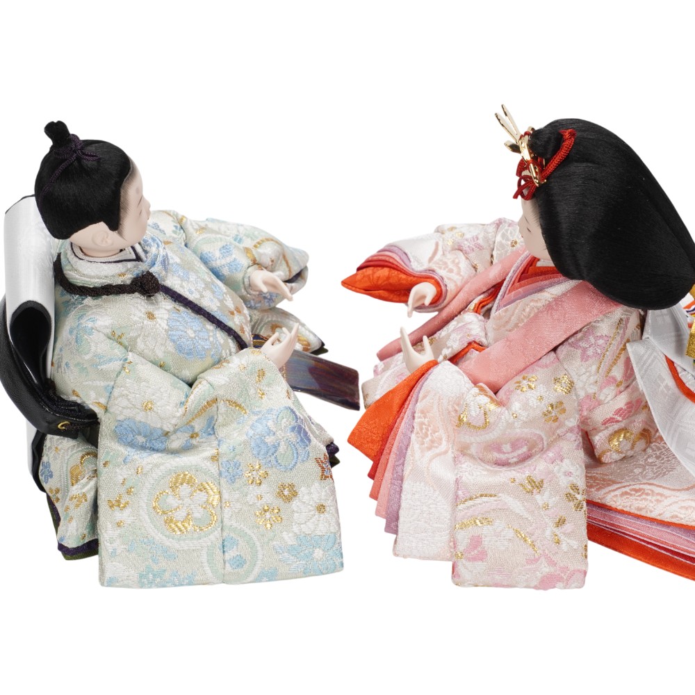 【雛人形】柳(小) 金襴 ねじれ梅(水色・ピンク) 親王揃い収納飾り | 尚好作